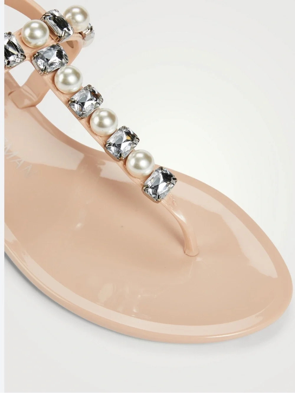 Stuart Weitzman NEW Goldie Jelly Crystal and Pearl Embellished T-Strap Sandal 9